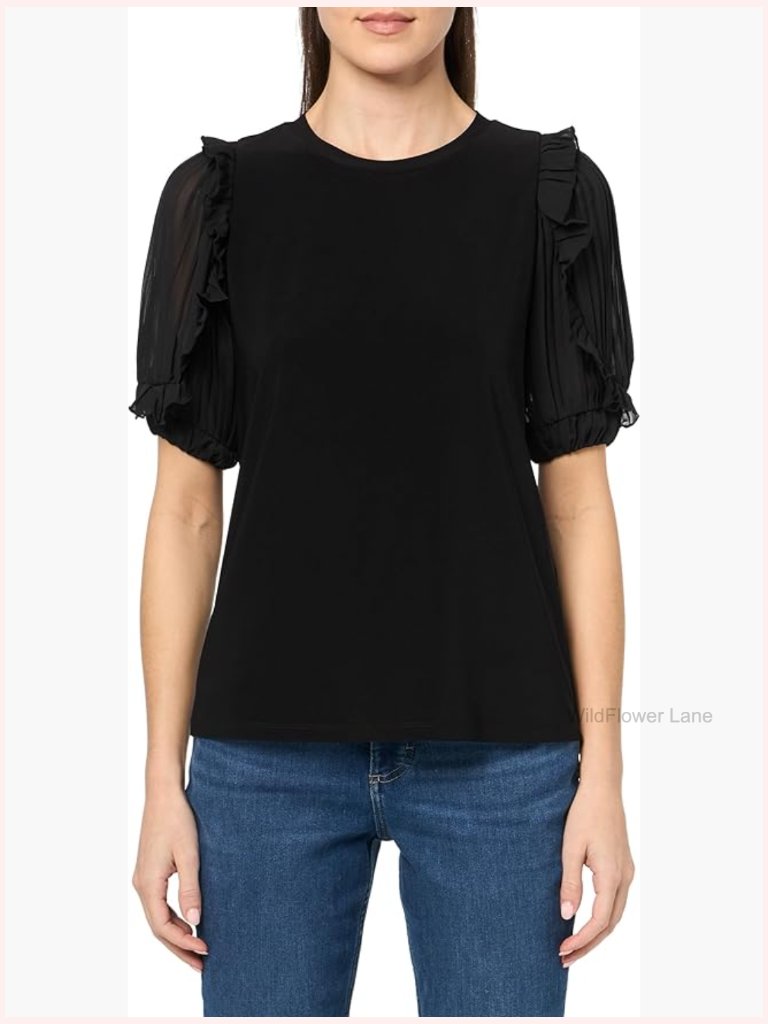 Solid Polyester V-Neck Ruffle Short Sleeve Blouse